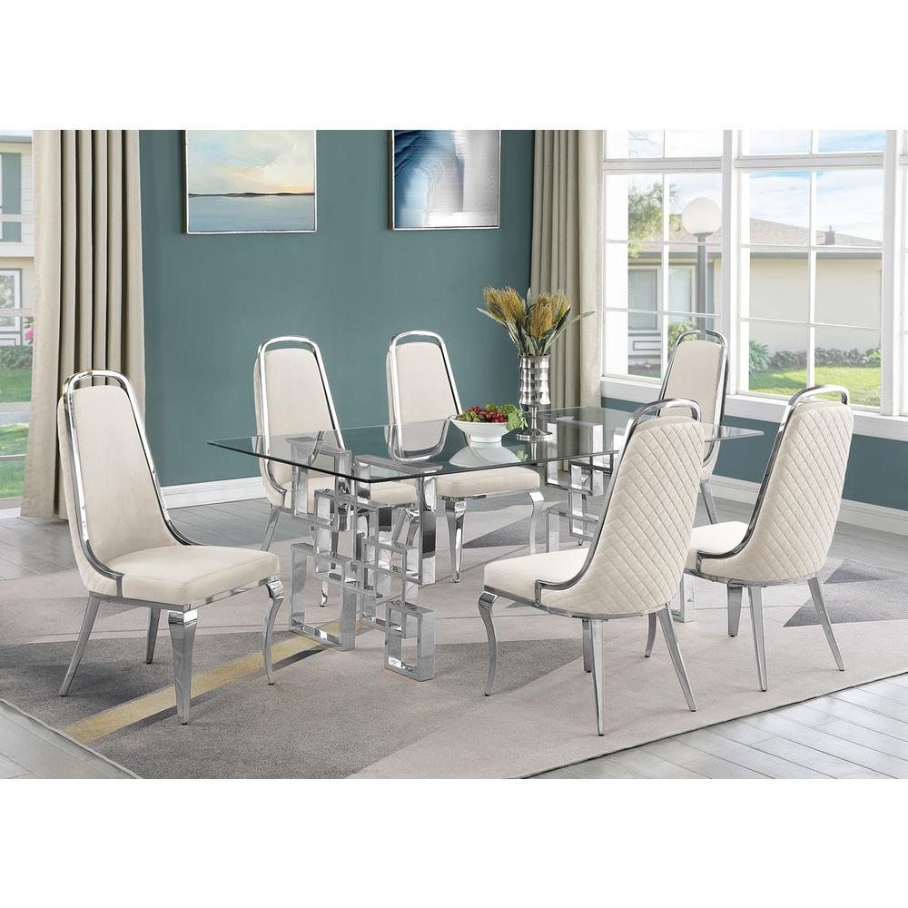 7-piece glam dining set with  6 Cream side chairs and one 79″ glass dining table