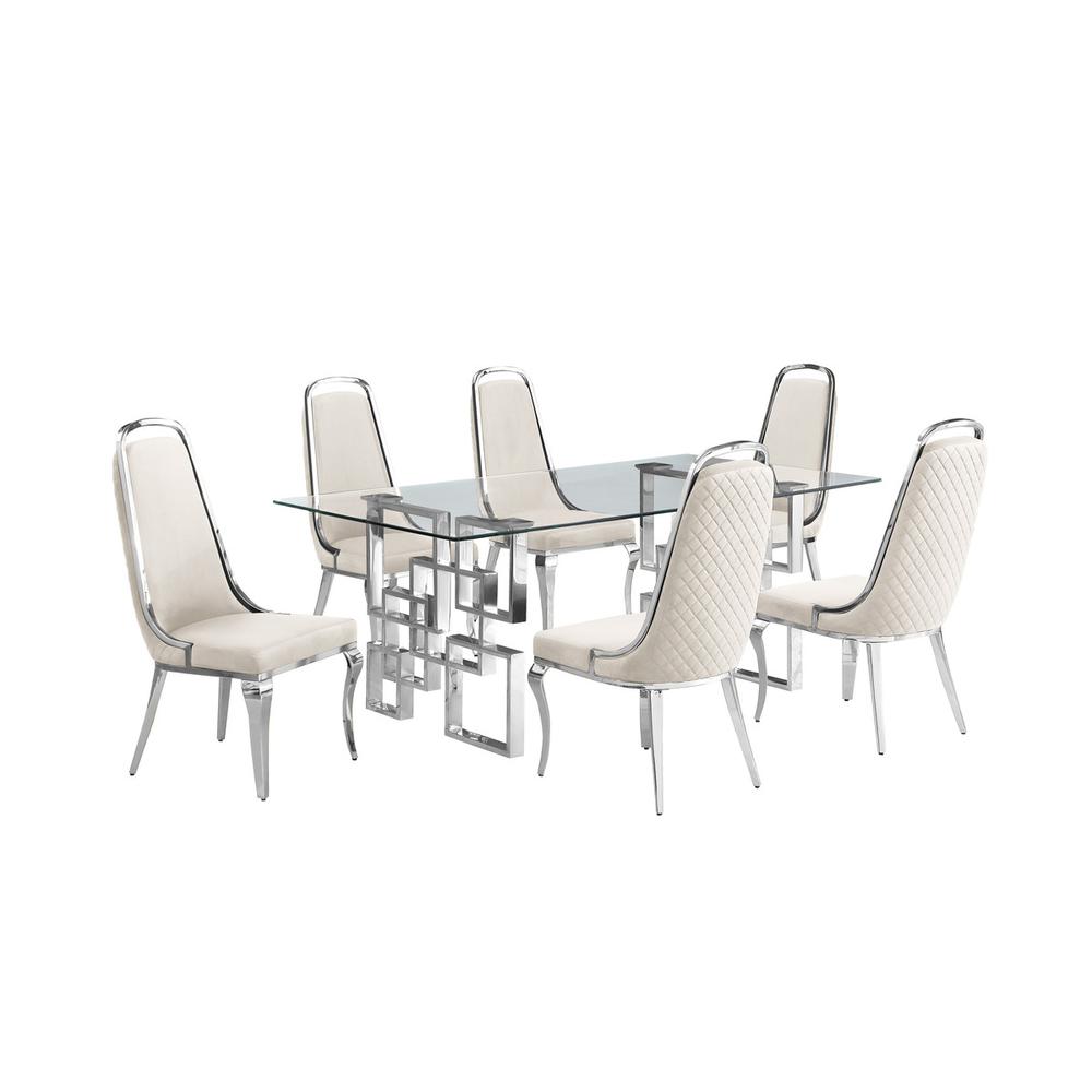 7-piece glam dining set with  6 Cream side chairs and one 79″ glass dining table