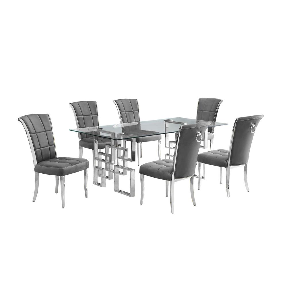 7-piece glam dining set with 6 dark grey chairs and a 79″ long glass  table