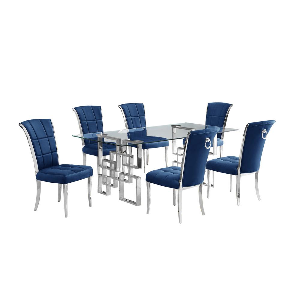 7-piece glam dining set with 6 navy blur chairs and a 79″ long glass  table