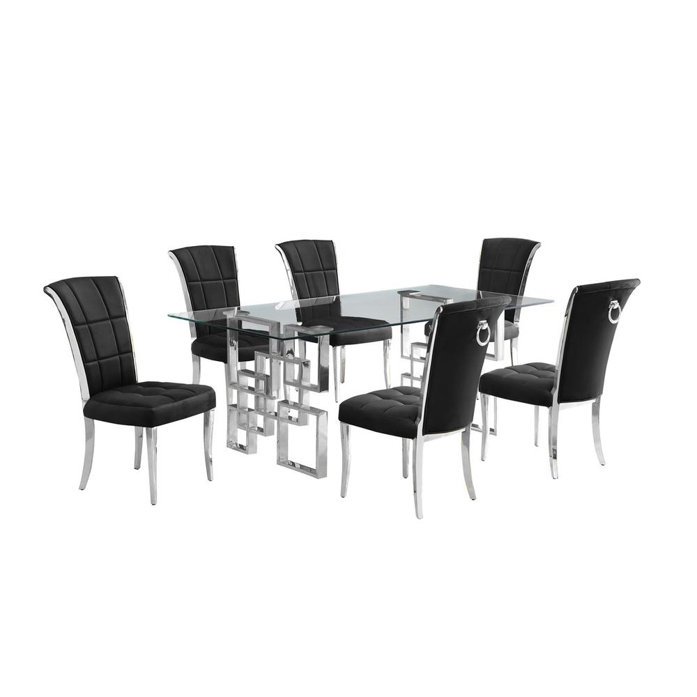 7-piece glam dining set with 6 black chairs and a 79″ long glass  table