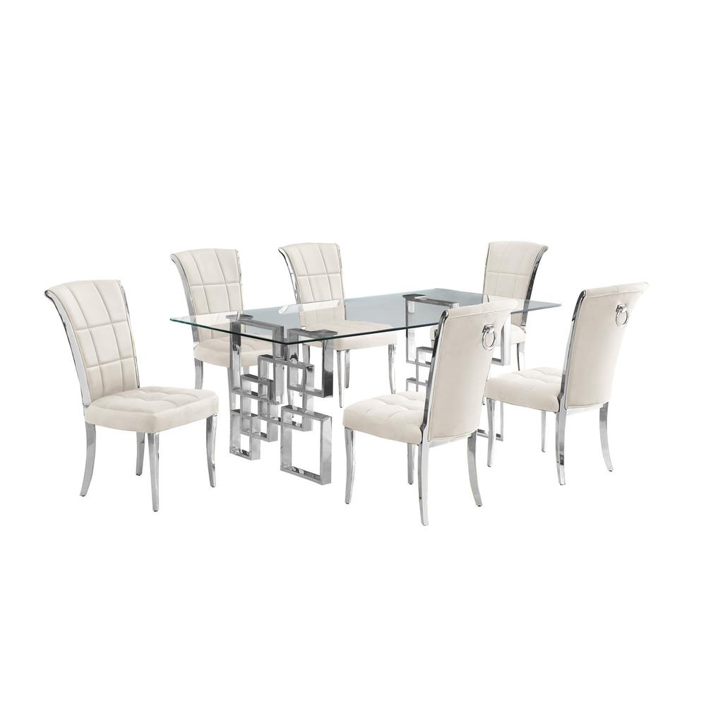 7-piece glam dining set with 6 cream chairs and a 79″ long glass dinng table