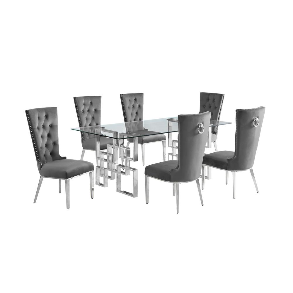 7-piece glam dining set with 6 dark grey chairs and a 79″ long glass  table