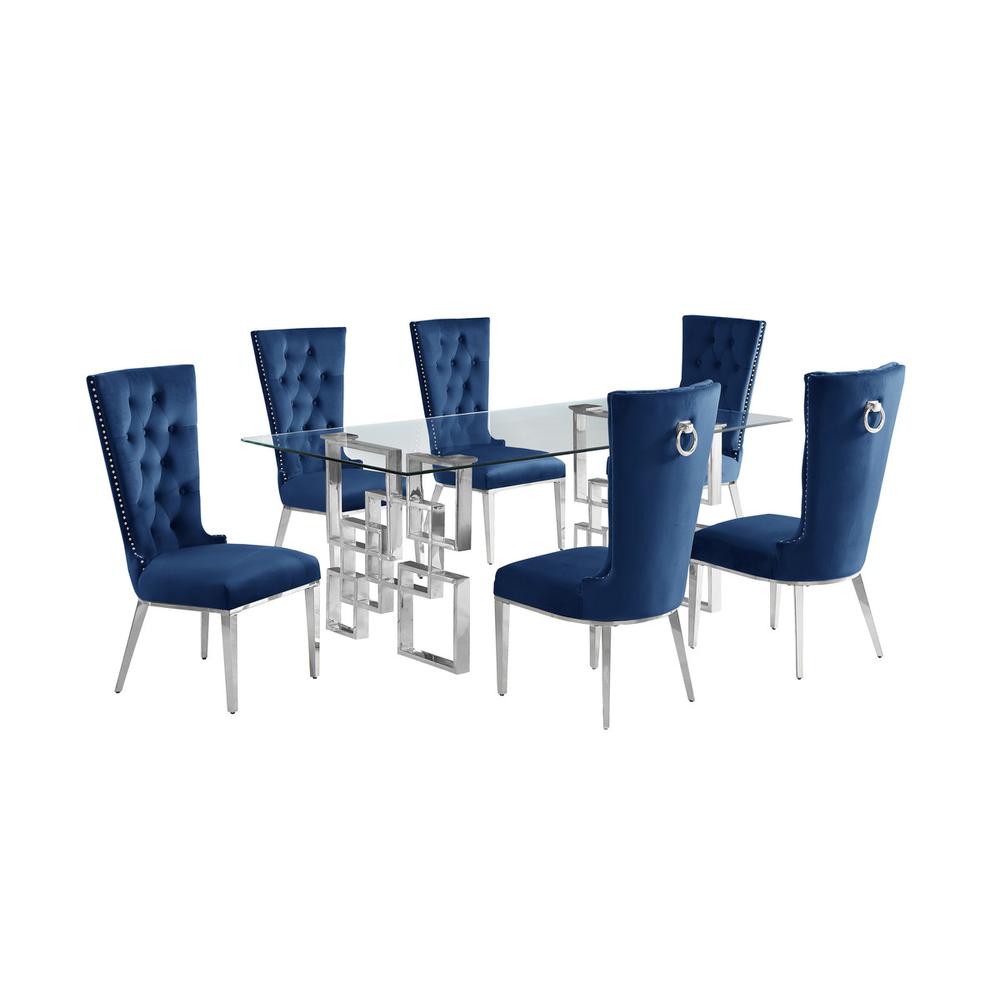 7-piece glam dining set with 6 navy blur chairs and a 79″ long glass  table