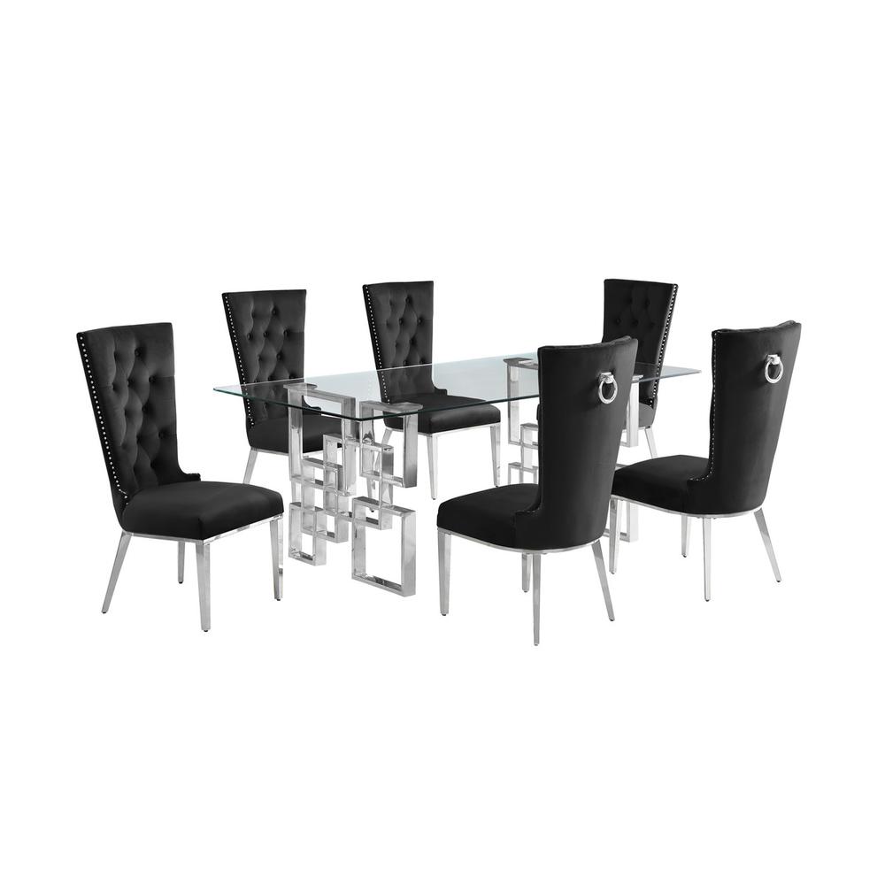 7-piece glam dining set with 6 black chairs and a 79″ long glass  table