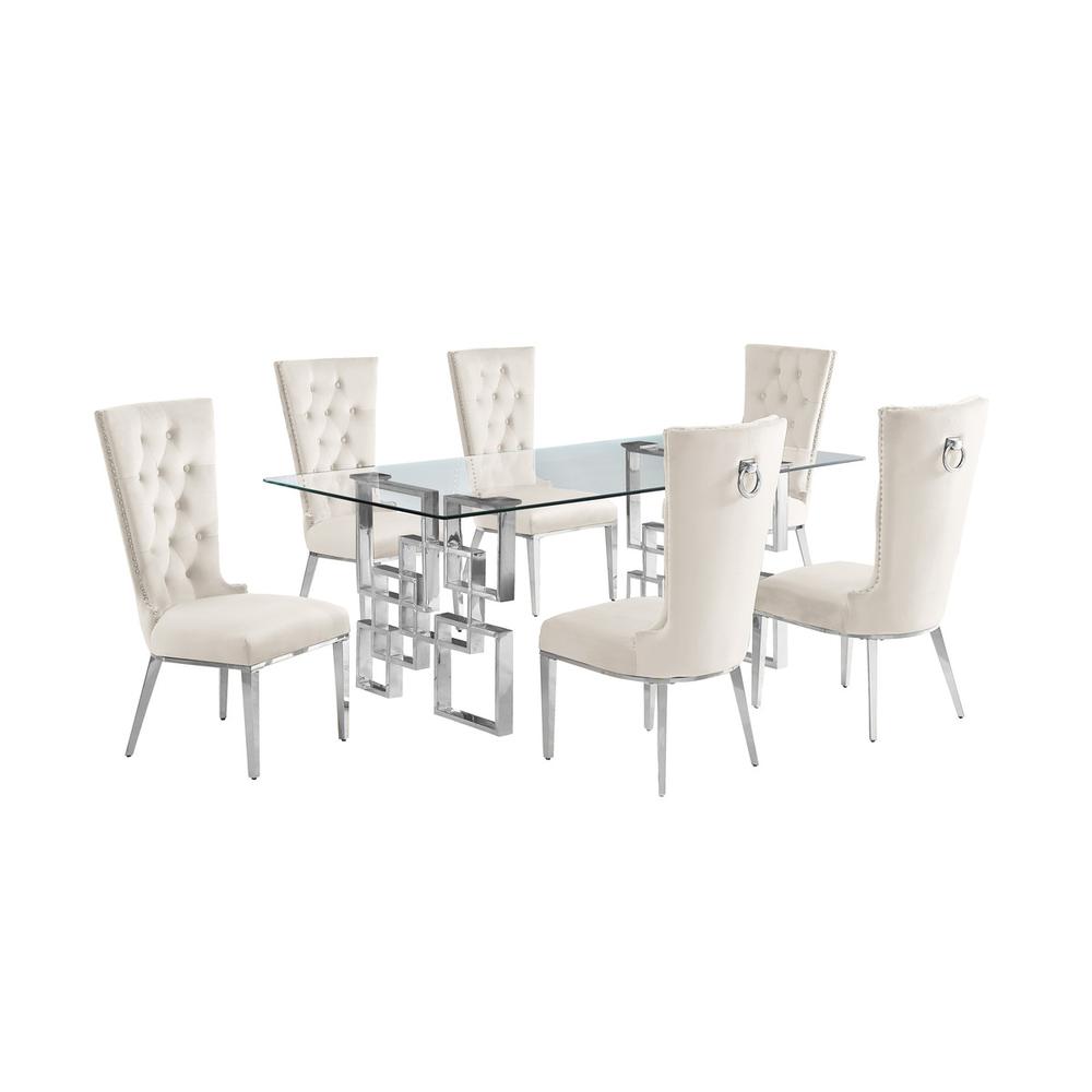 7-piece glam dining set with 6 cream chairs and a 79″ long glass dinng table