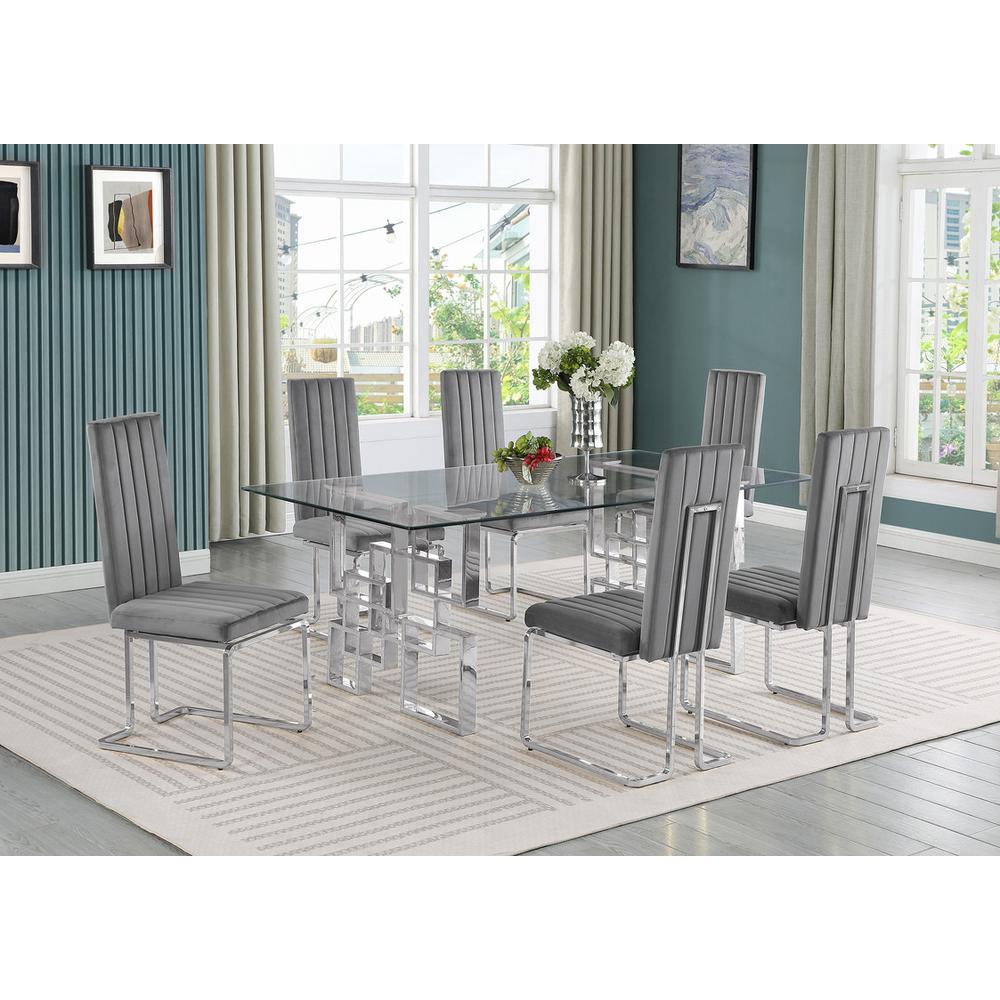 7-piece glam dining set with 6 Dark grey chairs and one 79″ glass  table