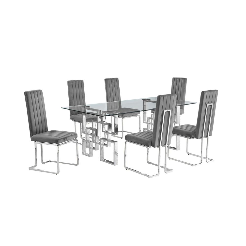 7-piece glam dining set with 6 Dark grey chairs and one 79″ glass  table