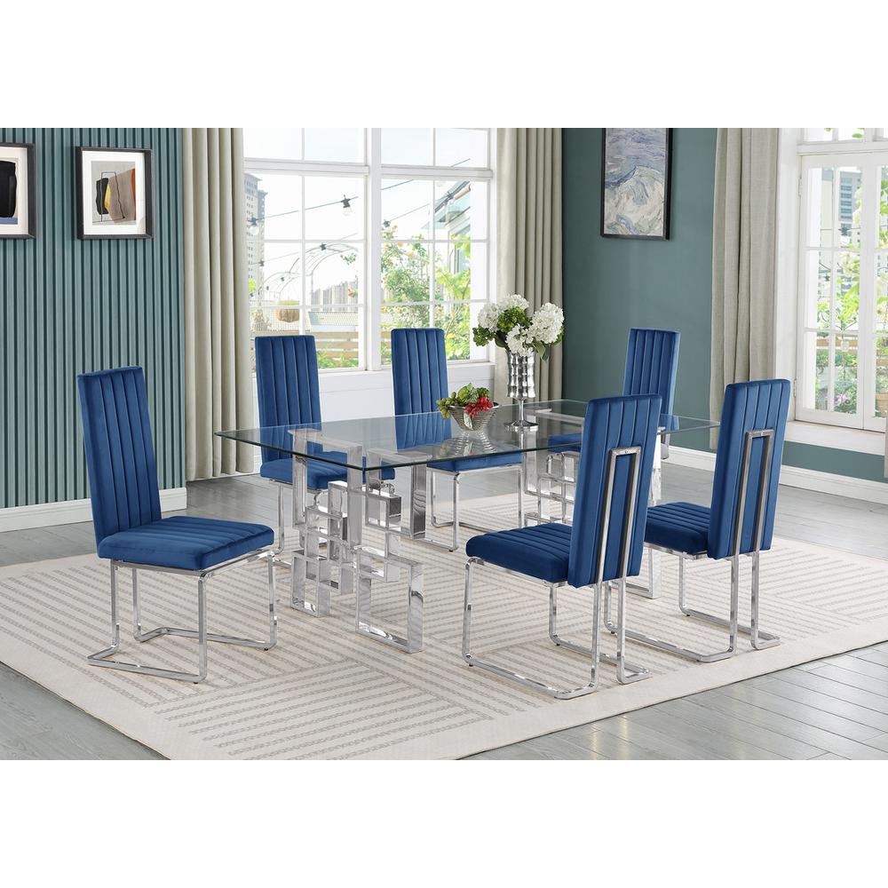 7-piece glam dining set with 6 Navy blue chairs and one 79″ glass  table