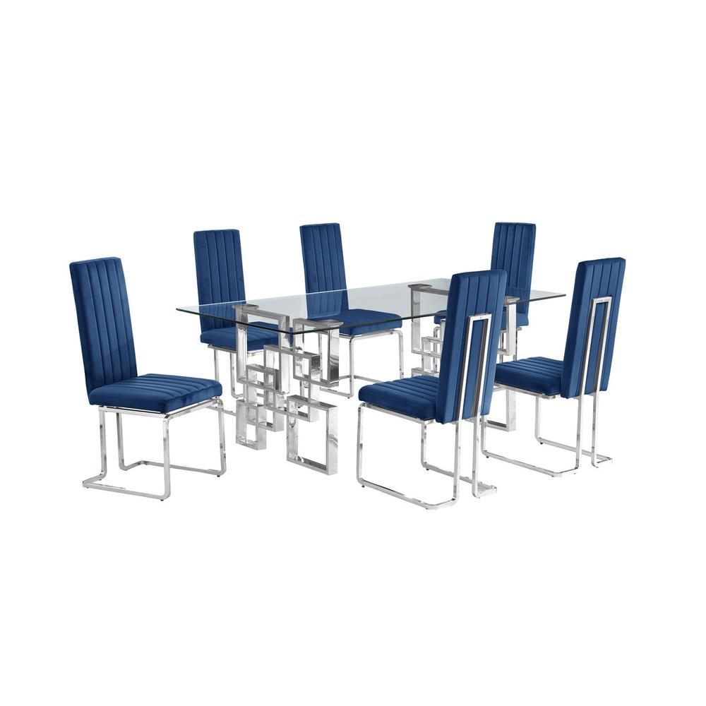 7-piece glam dining set with 6 Navy blue chairs and one 79″ glass  table