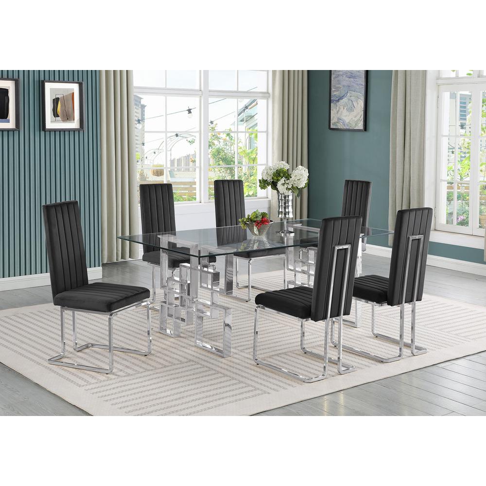 7-piece glam dining set with 6 Black side chairs and one 79″ glass dining table