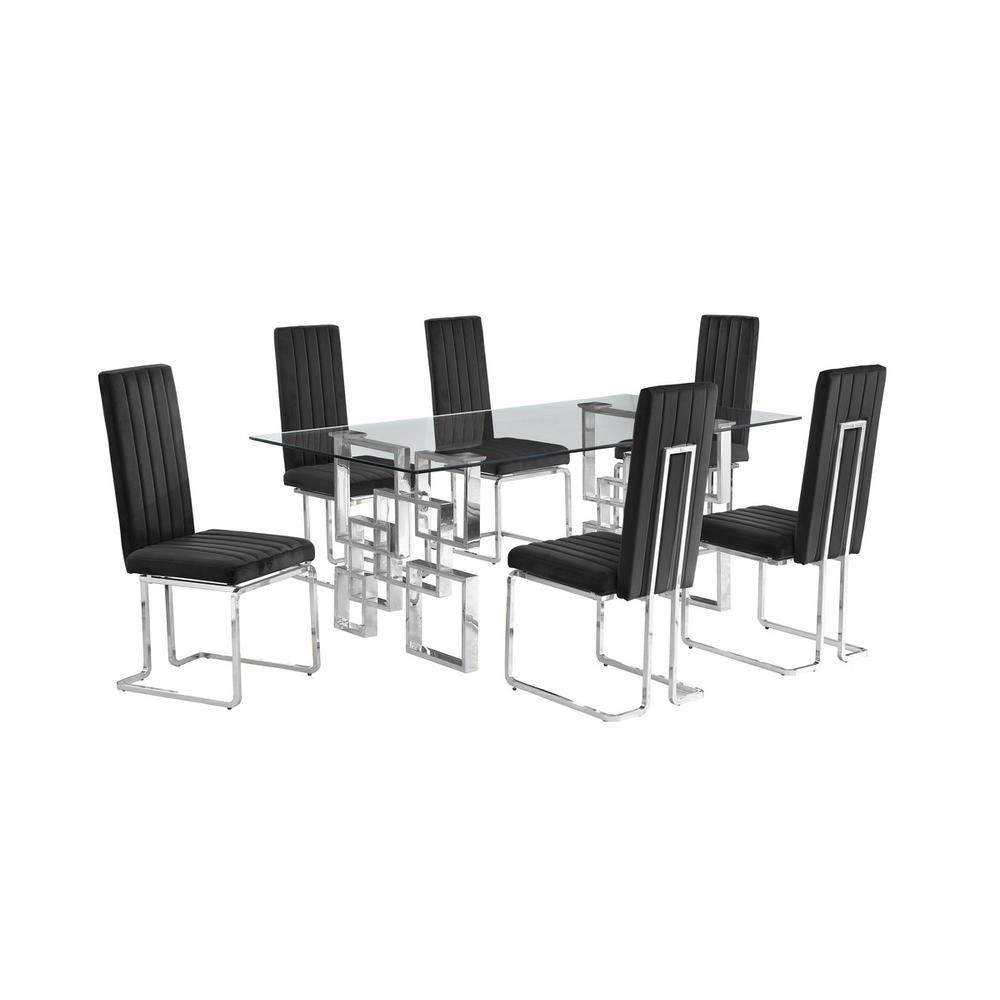 7-piece glam dining set with 6 Black side chairs and one 79″ glass dining table