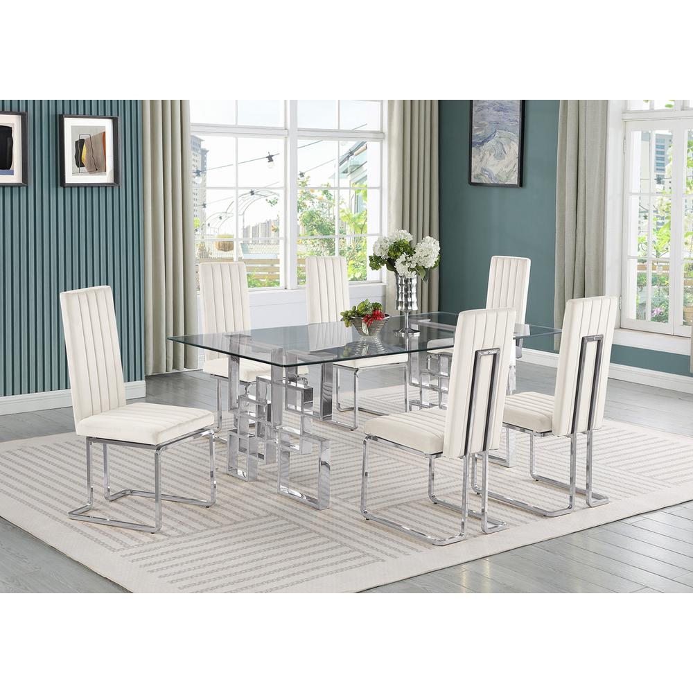 7-piece glam dining set with 6 Cream side chairs and one 79″ glass dining table