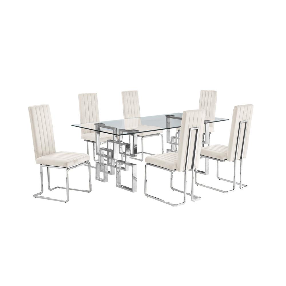 7-piece glam dining set with 6 Cream side chairs and one 79″ glass dining table