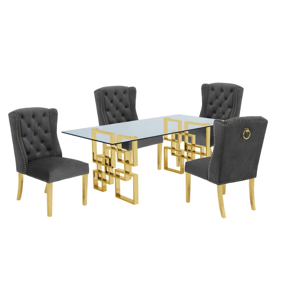 Classic 7 Piece Dining Set With Glass Table Top and Stainless Steel Legs with Ring Handle