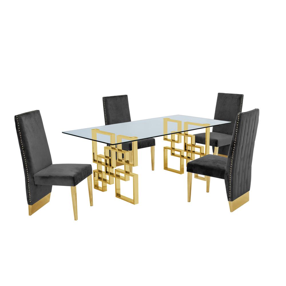 Classic 7 Piece Dining Set With Glass Table Top and Stainless Steel Legs w/Pleated Chairs