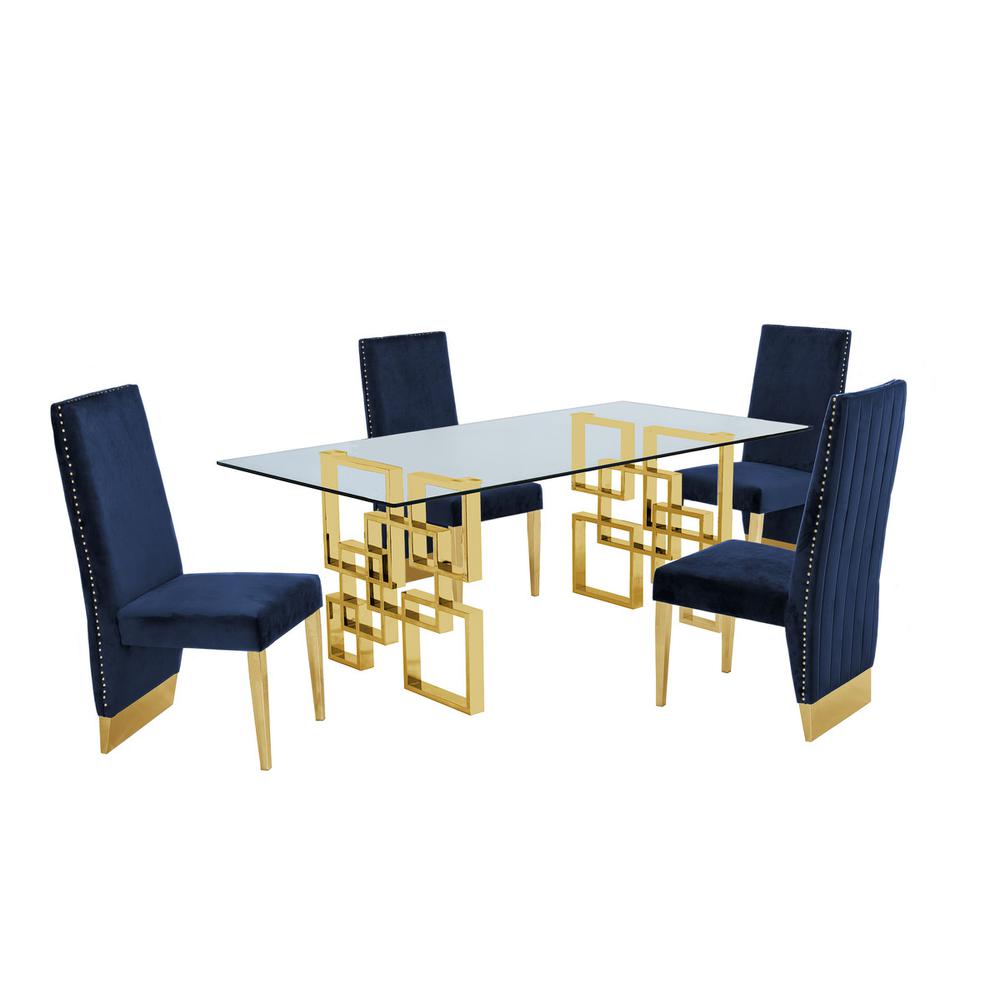 Classic 7 Piece Dining Set With Glass Table Top and Stainless Steel Legs w/Pleated Chairs