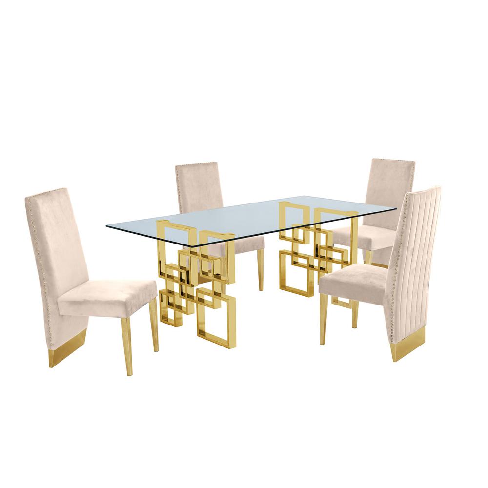Classic 7 Piece Dining Set With Glass Table Top and Stainless Steel Legs w/Pleated Chairs