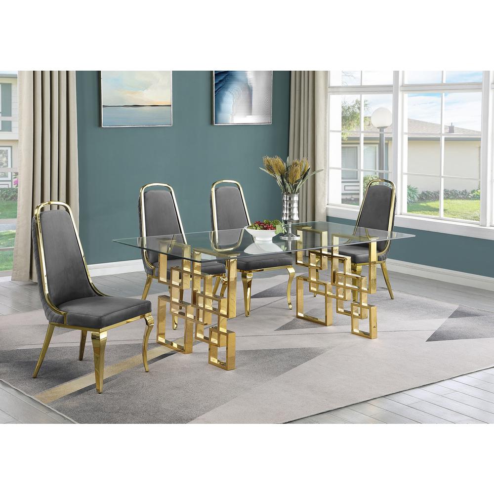 5-piece glam dining set with 4 Dark grey chairs and one 79″ glass dining table