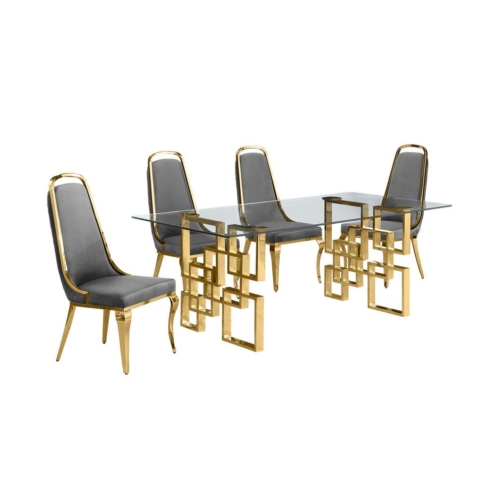5-piece glam dining set with 4 Dark grey chairs and one 79″ glass dining table