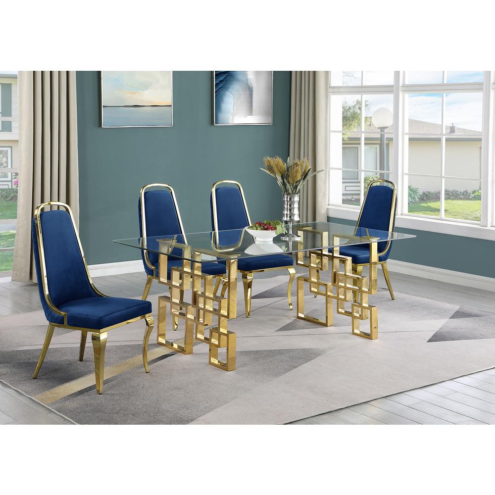 5-piece glam dining set with 4 Navy blue chairs and one 79″ glass dining table
