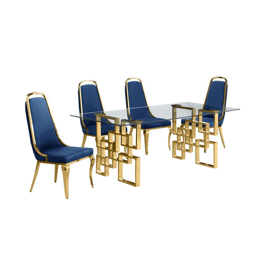 5-piece glam dining set with 4 Navy blue chairs and one 79″ glass dining table