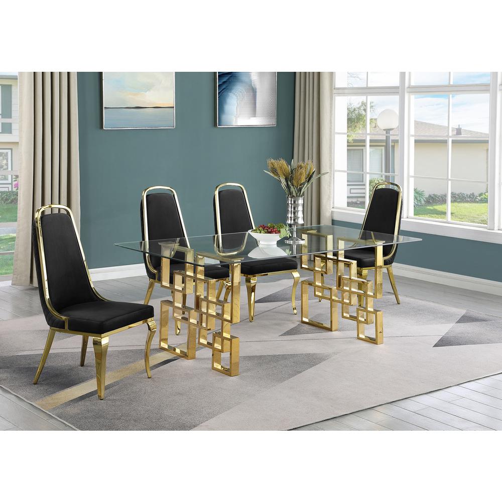 5-piece glam dining set with 4 Black side chairs and one 79″ glass dining table