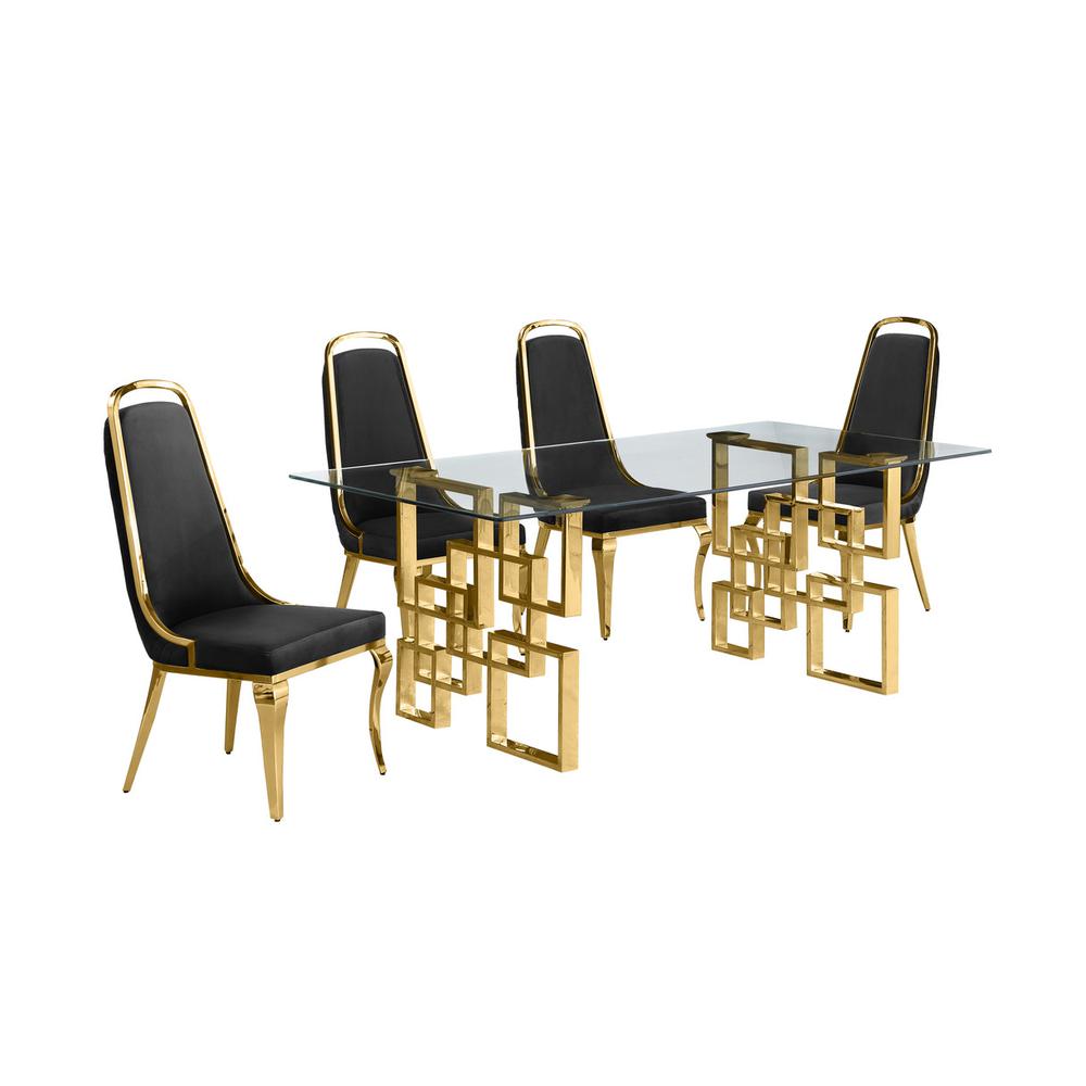 5-piece glam dining set with 4 Black side chairs and one 79″ glass dining table