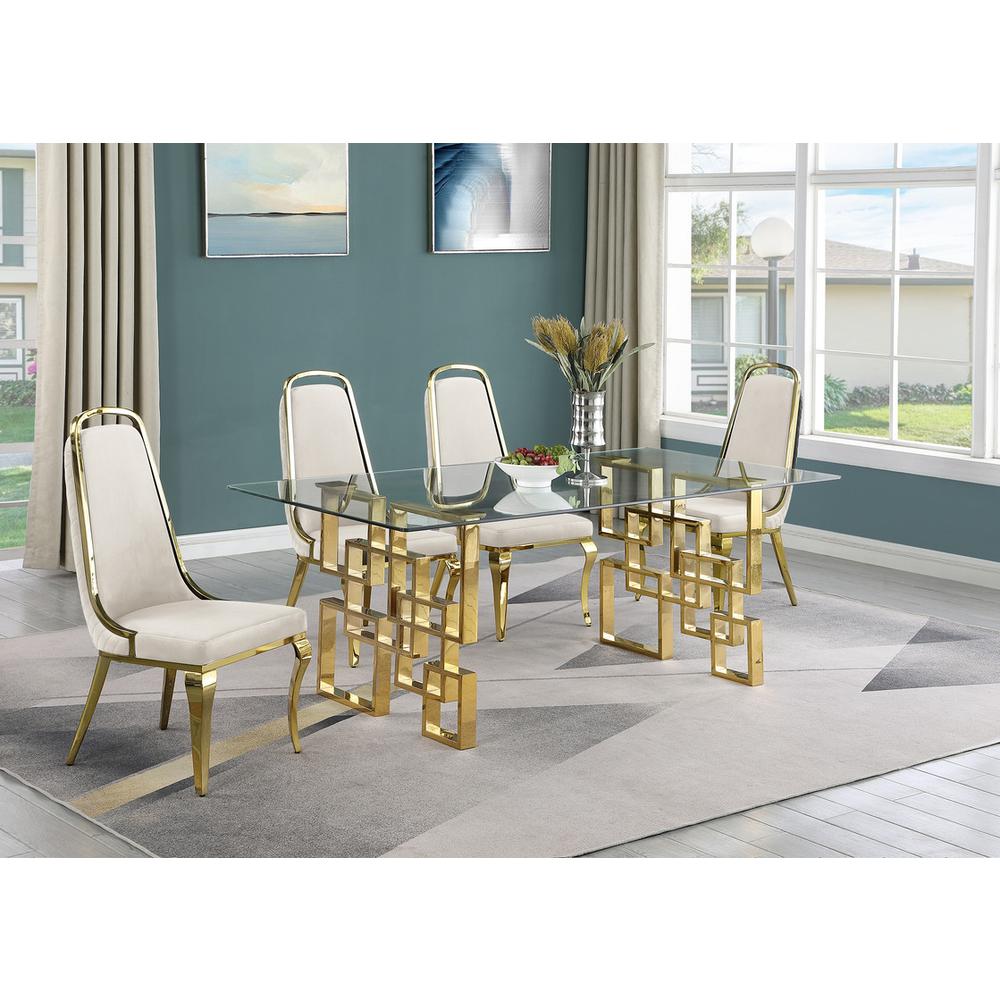 5-piece glam dining set with 4 Cream side chairs and one 79″ glass dining table