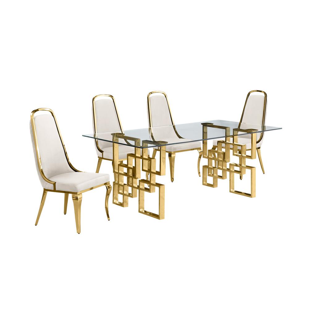 5-piece glam dining set with 4 Cream side chairs and one 79″ glass dining table