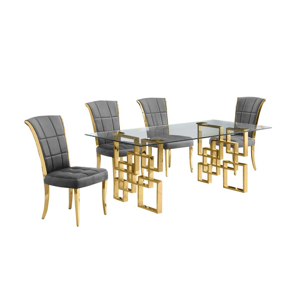5-piece glam dining set with 4 dark grey chairs and a 79″ long glass  table