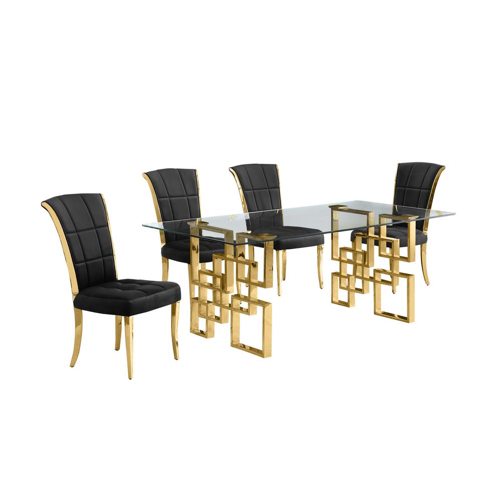 5-piece glam dining set with 4 black chairs and a 79″ long glass  table