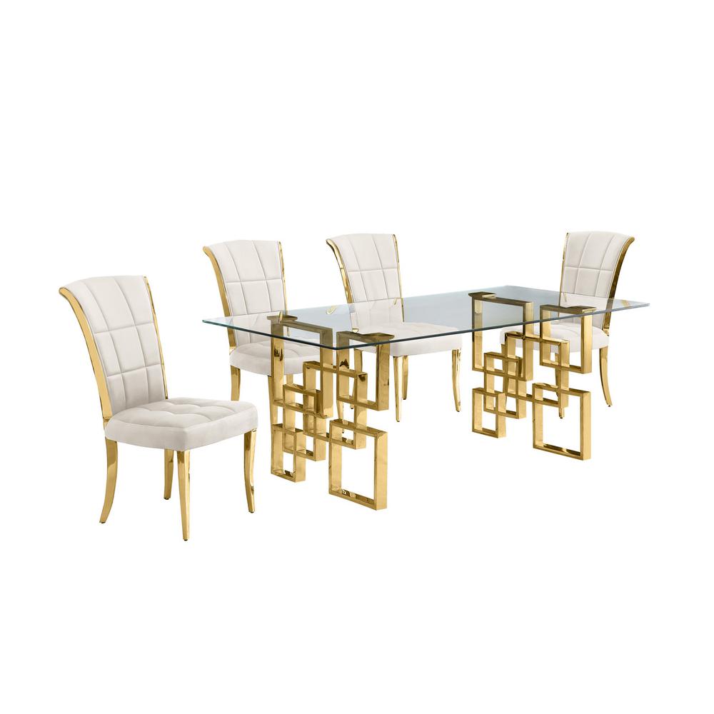 5-piece glam dining set with 4 cream chairs and a 79″ long glass  table