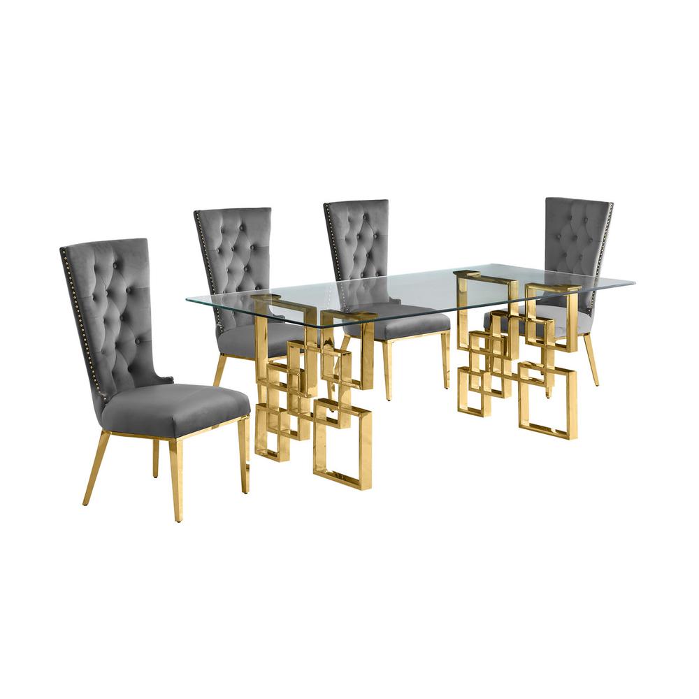 5-piece glam dining set with 4 dark grey chairs and a 79″ long glass  table