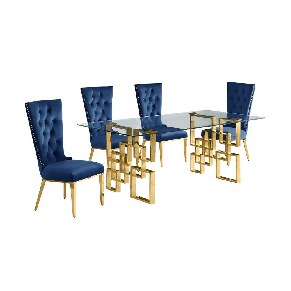 5-piece glam dining set with 4 navy blue chairs and a 79″ long glass  table