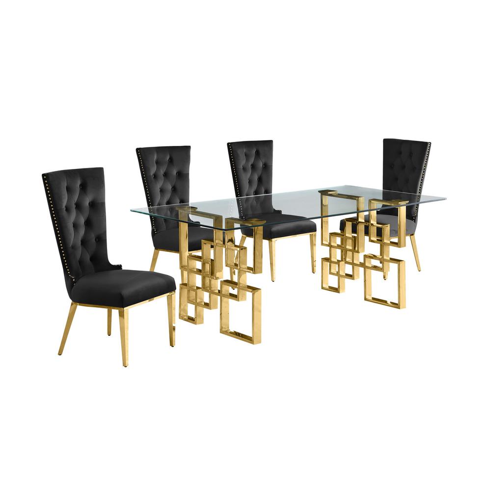 5-piece glam dining set with 4 black chairs and a 79″ long glass  table