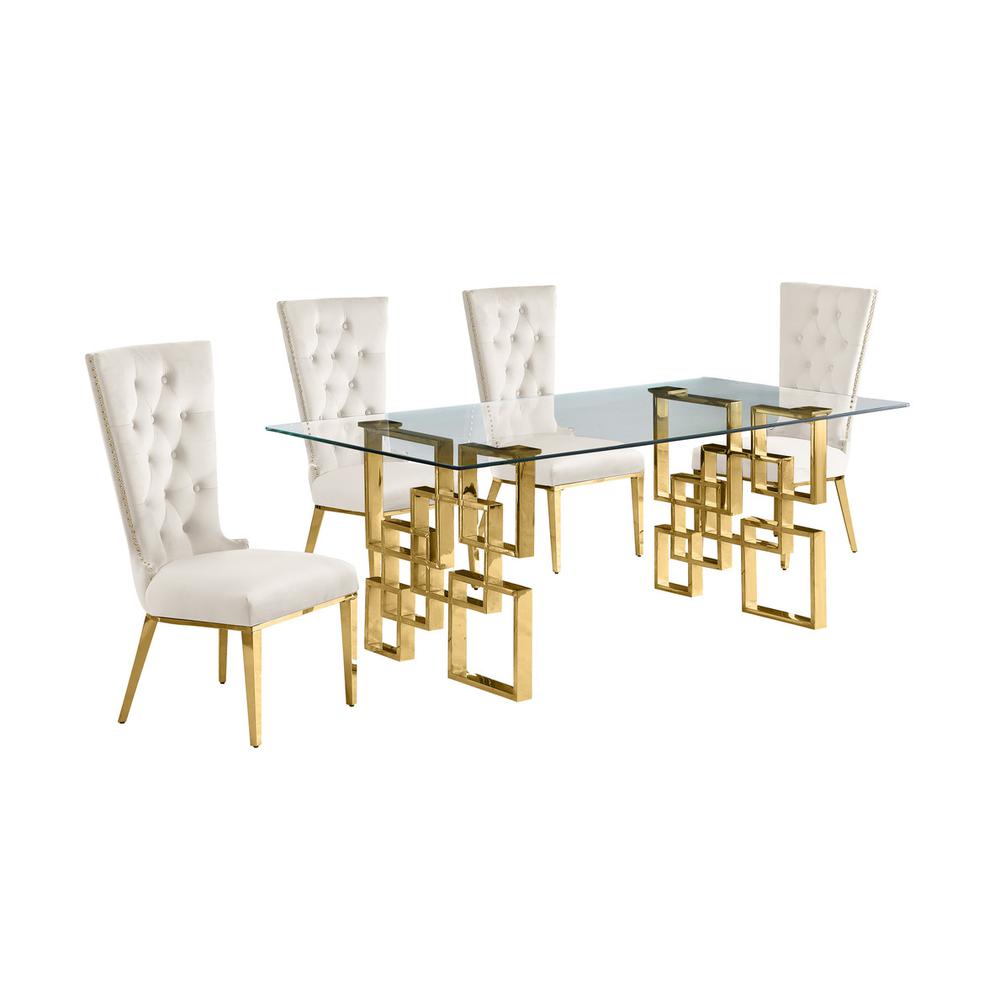 5-piece glam dining set with 4 cream side chiars and a 79″ long glass  table