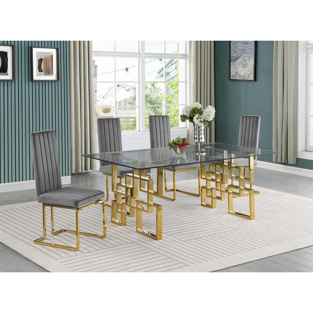 5-piece glam dining set with 4 Dark grey chairs and one 79″ glass  table