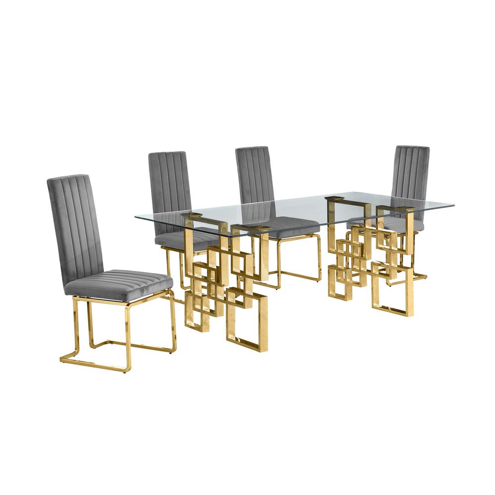 5-piece glam dining set with 4 Dark grey chairs and one 79″ glass  table