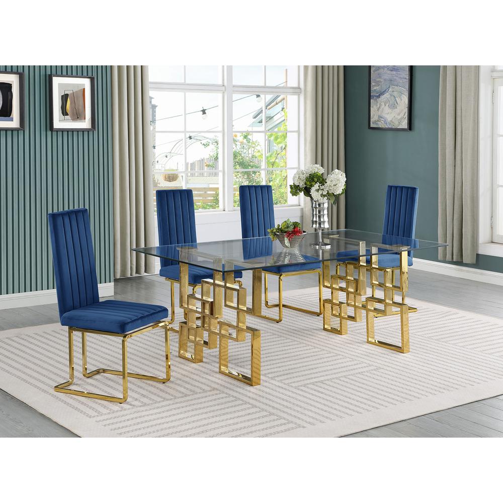 5-piece glam dining set with 4 Navy blue chairs and one 79″ glass  table