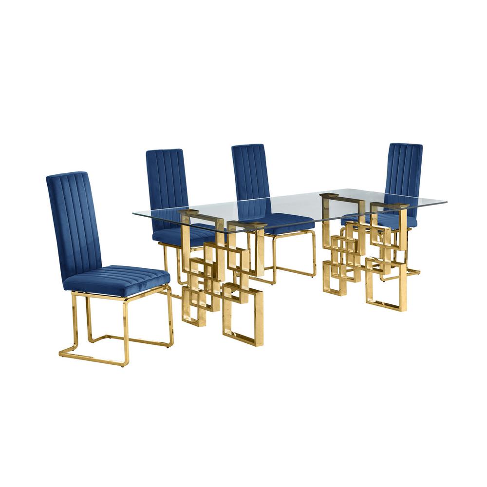 5-piece glam dining set with 4 Navy blue chairs and one 79″ glass  table