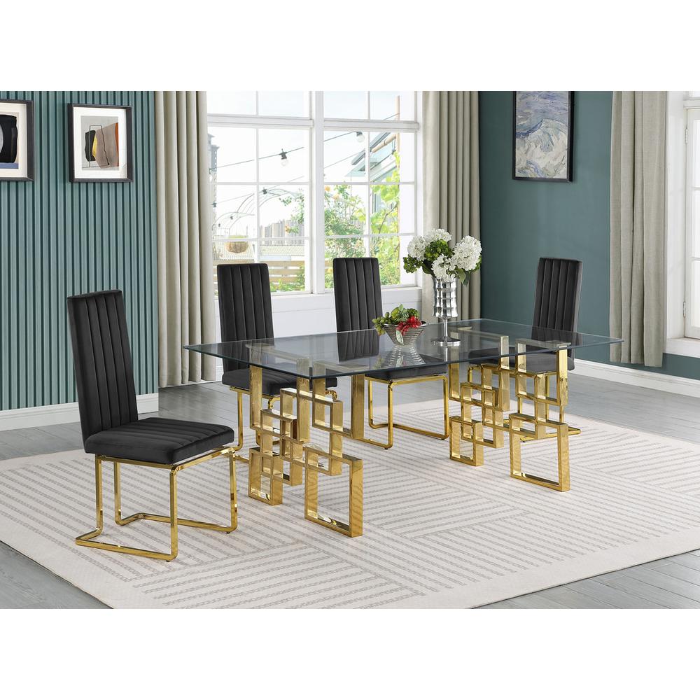 5-piece glam dining set with 4 Black chairs and one 79″ glass  table