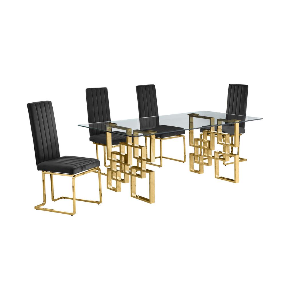5-piece glam dining set with 4 Black chairs and one 79″ glass  table