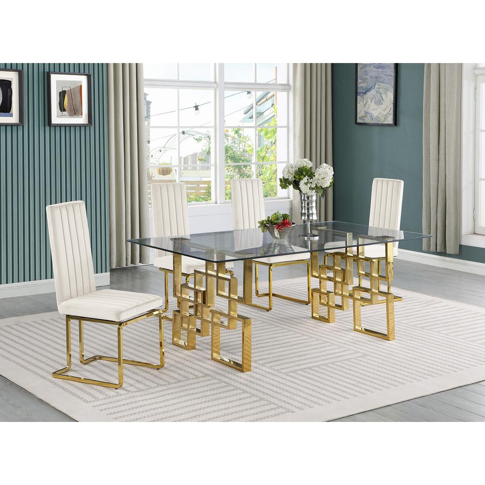 5-piece glam dining set with 4 cream chairs and one 79″ glass  table
