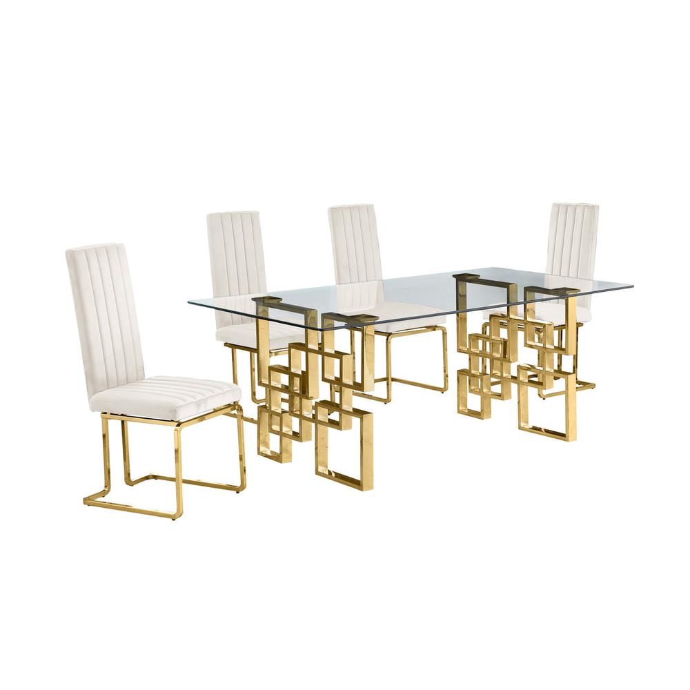 5-piece glam dining set with 4 cream chairs and one 79″ glass  table