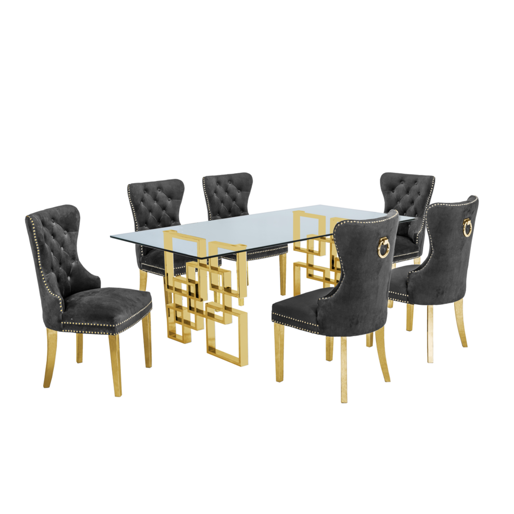 Classic 7 Piece Dining Set With Glass Table Top & Stainless Steel Legs w/Ring Handle