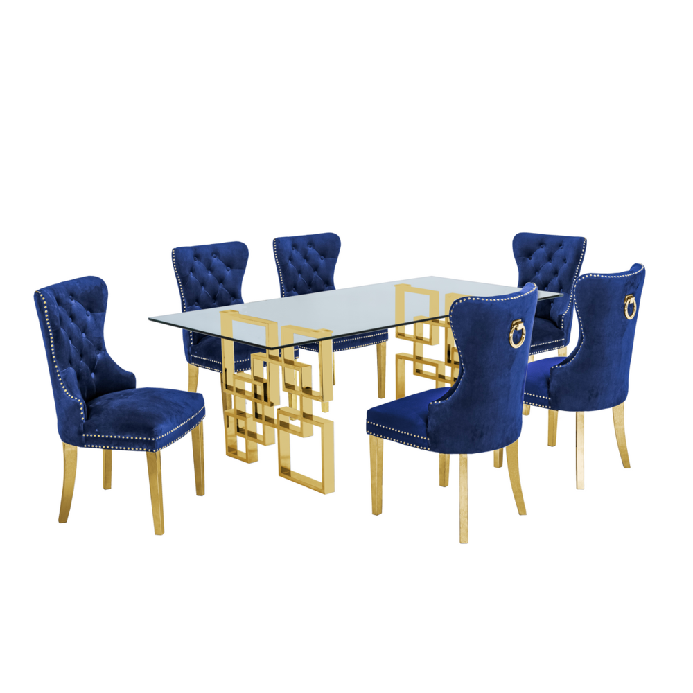 Classic 7 Piece Dining Set With Glass Table Top & Stainless Steel Legs w/Ring Handle