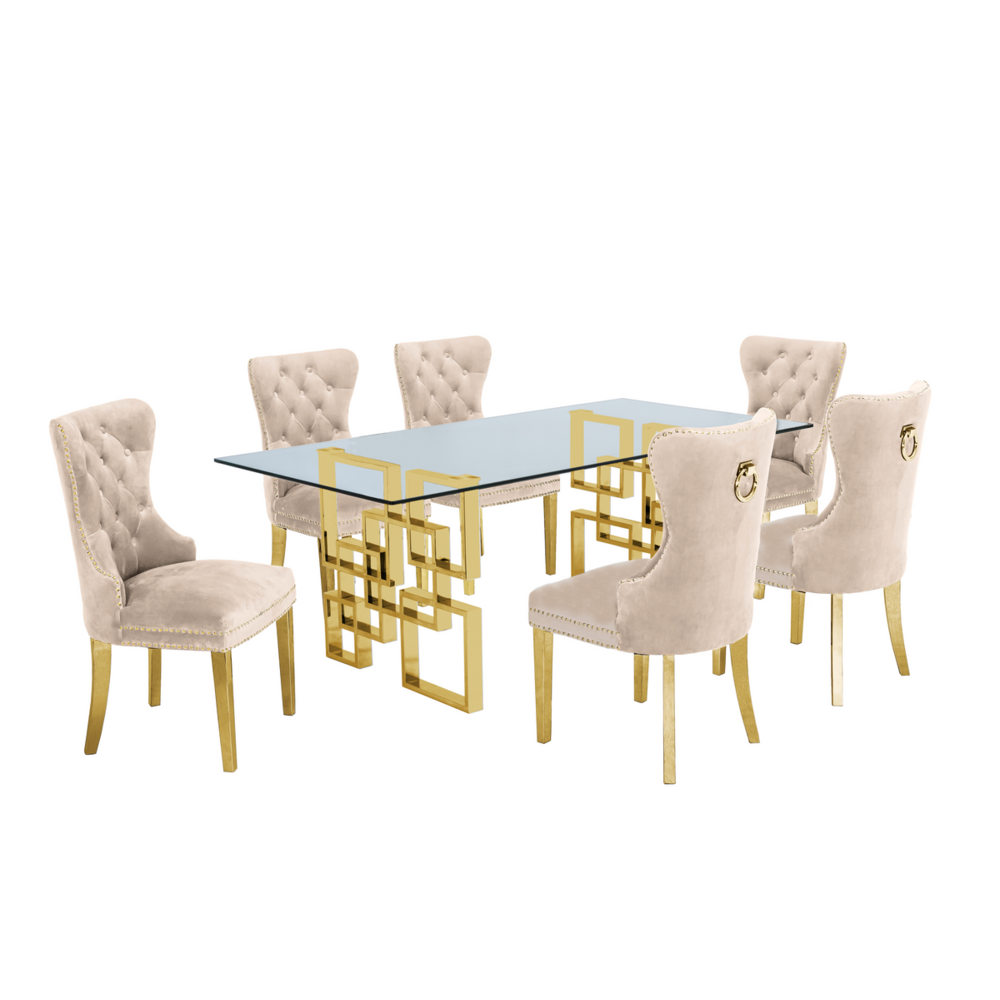 Classic 7 Piece Dining Set With Glass Table Top & Stainless Steel Legs w/Ring Handle
