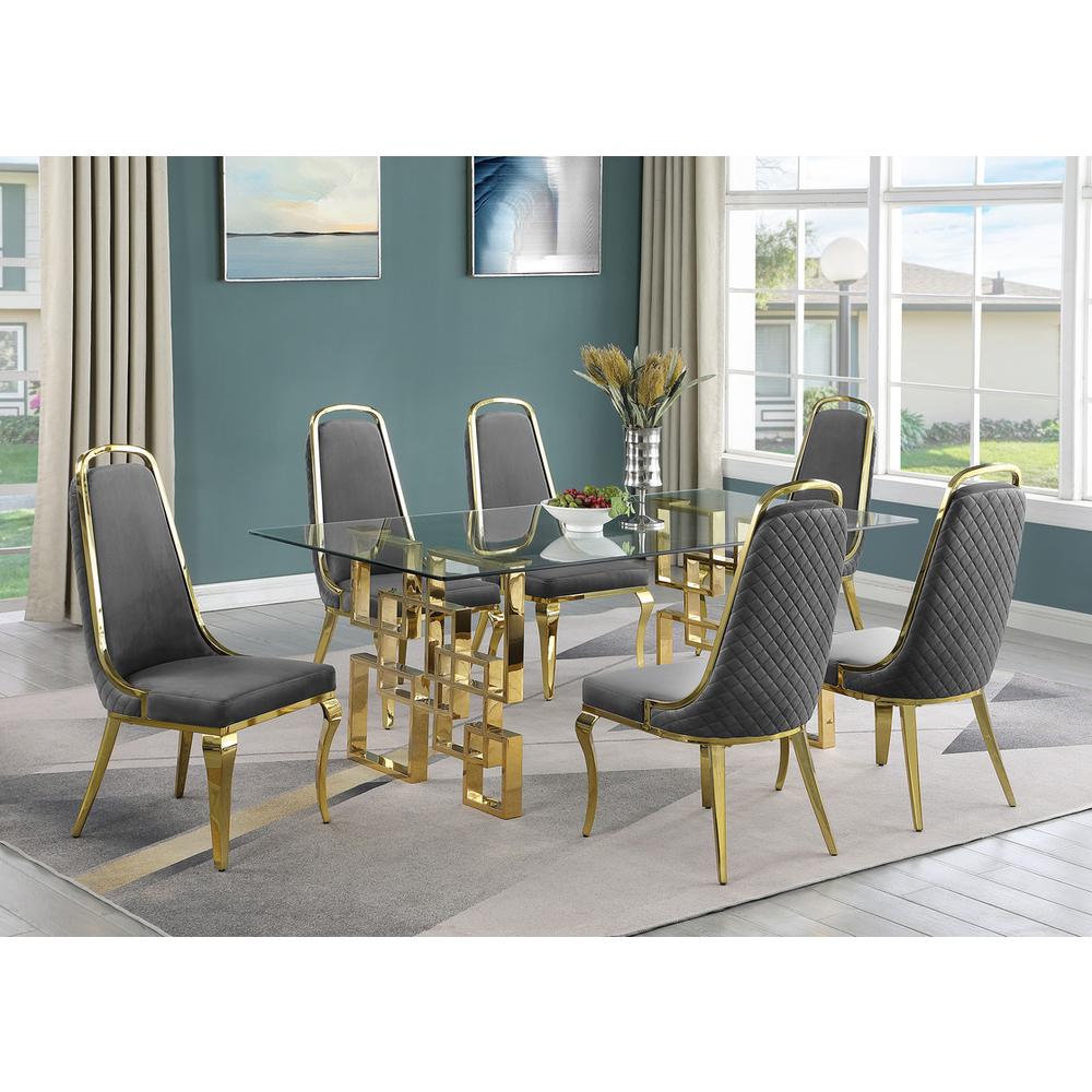 7-piece glam dining set with 6 Dark grey chairs and one 79″ glass dining table
