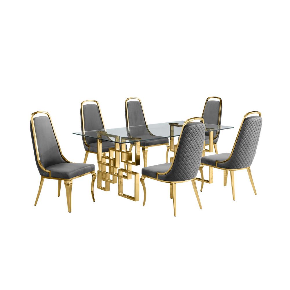 7-piece glam dining set with 6 Dark grey chairs and one 79″ glass dining table